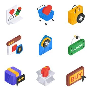 Pack of Shopping and Ecommerce Flat Isometric Icon Stock Illustration