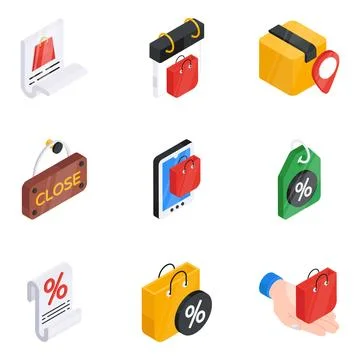 Pack of Shopping Flat Isometric Icon Stock Illustration