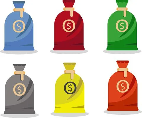 Pack of Six editable multicolor money bags illustration. Stock Illustration