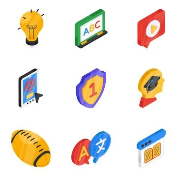 Pack of Study and Learning Flat Isometric Icon Stock Illustration