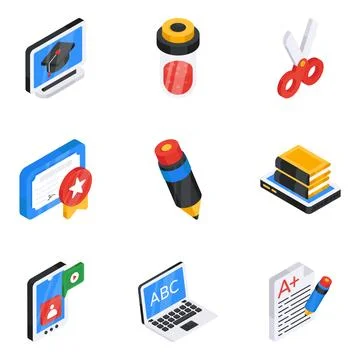 Pack of Study Flat Isometric Icon Stock Illustration