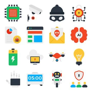 Pack of Technology and Safety Flat Icons Stock Illustration
