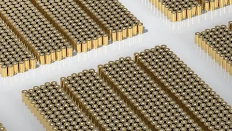 Pack Tesla 4680 format cylindrical lithium traction gold battery for module.. Illustrazione stock