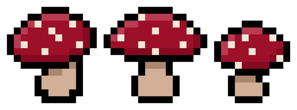 Pack of three 8 bit pixel red mushrooms with white dots - isolated vector pac Stock Illustration