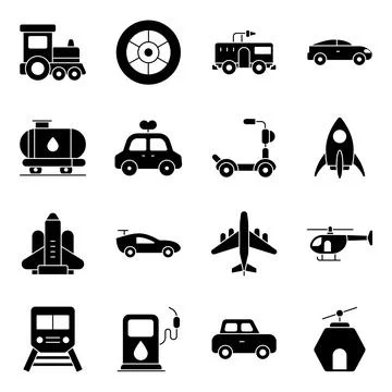 Pack of Transport and Vehicles Solid Icons Stock Illustration