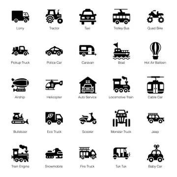 Pack Of Transport Solid Icons Illustrazione stock