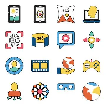 Pack of Virtual Reality and Hardware Flat Icons Stock Illustration