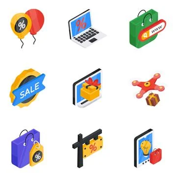 Pack of Web Shopping Flat Isometric Icon Stock Illustration