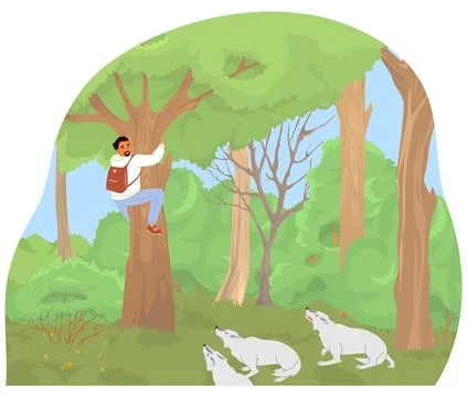 Pack of wolves or wild dogs attacking traveler in forest Stock Illustration