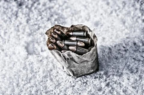 Package of ammunition is thrown into the snow. Stock Photos