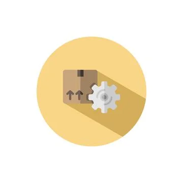 Package and gear. Shipping box. Current order. Flat icon in a circle. Commerc Stock Illustration