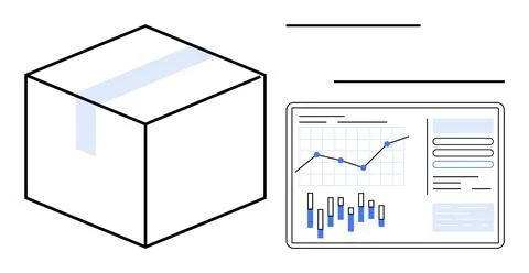 Package box and data analytics dashboard with graphs, charts, and information Illustrazione stock