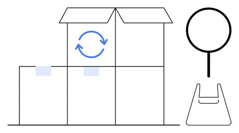 Package Box with Recycling Symbol and Park Bench Line Drawing, Warehouse St.. Stock Illustration