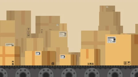 Package boxes or cardboard boxes moving on conveyor belts in the warehouse. Stockbeeldmateriaal 190481348