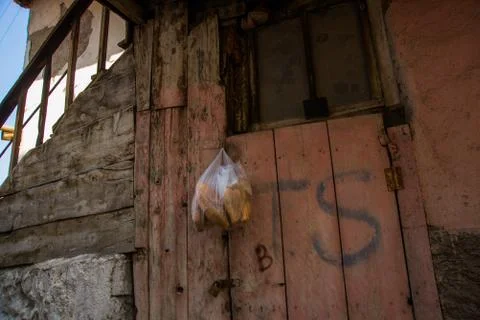 Package with bread hanging on the door. Ankara, Turkey Stock Photos