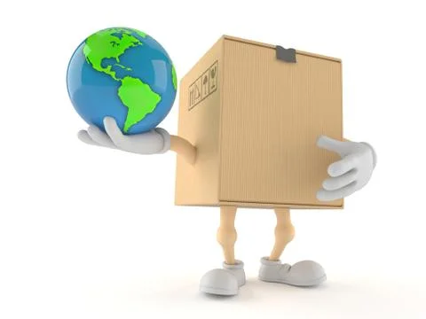 Package character holding world globe Stock Illustration