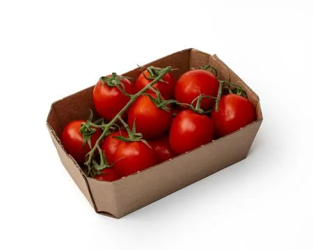 Package of cherry tomatoes. isolated white background Stock Photos