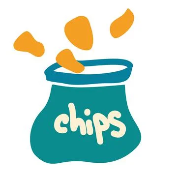Package with chips in cartoon style. Chips are spilled out of the bag Potato Stock Illustration