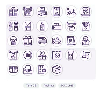 Package Comprehensive Vector Bundle with 28 Pixel Aligned Bold Line 64x64 Ico Stock Illustration
