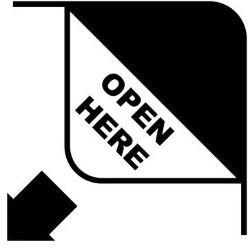 Package corner peel graphic symbol, revealing underlying surface with arrow. Stock Illustration