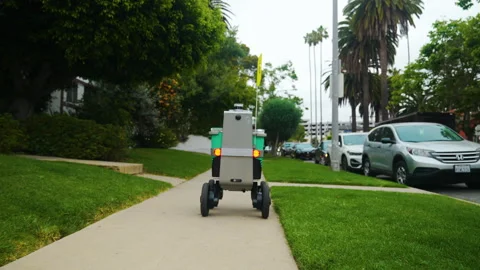 Package delivery droid driving on sidewalk Stock Footage 243640161
