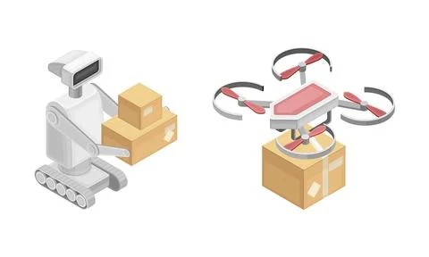 Package delivery drone and robot, express delivery service concept isometric Illustrazione stock
