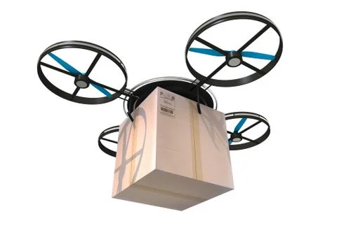 Package delivery by drone. drone with large carton box isolated on white. 스톡 일러스트