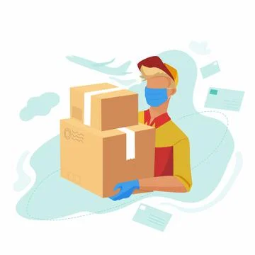 Package delivery during a pandemic. Postman wearing a mask and medical gloves Stock Illustration