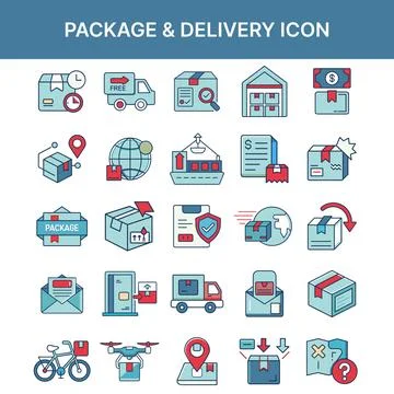 Package &amp; Delivery Icon Set – Flat Vector Illustrations for Logistics, Shipping, Stock Illustration