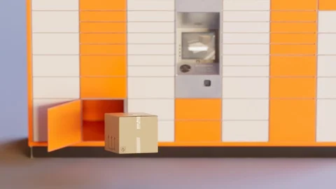 Package delivery process. The cardboard box is delivered to the parcel locker 4K Stock Footage 126306034