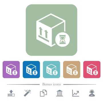 Package delivery in progress flat icons on color rounded square backgrounds Stock Illustration