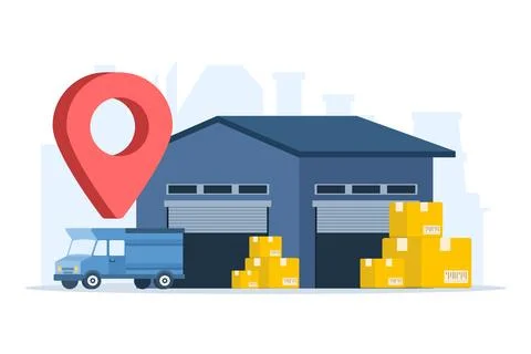 Package delivery van with cardboard boxes and warehouse 库存插图