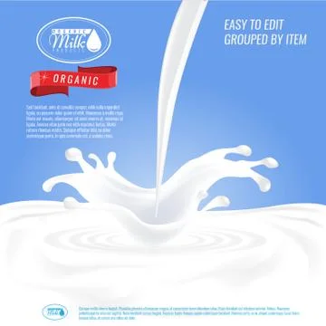 Package design with milk splash for milky dairy products. Avertisement layout Illustrazione stock