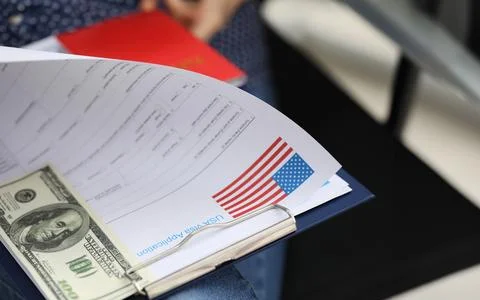 Package documents for obtaining US visa and dollar Stock Photos