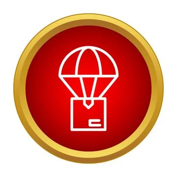 Package falling with parachute on red button icon Illustrazione stock