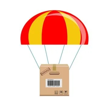 Package flying down from sky with parachute, concept for delivery service Illustrazione stock