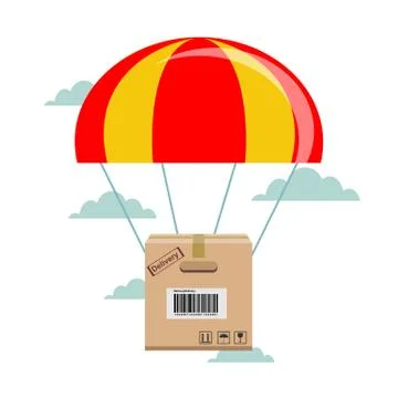 Package flying down from sky with parachute, concept for delivery service Illustrazione stock