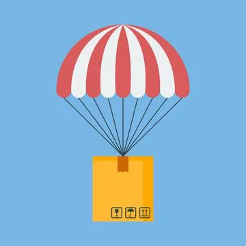 Package flying down from sky with parachute. Stock Illustration