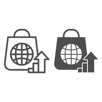 Package with globe and upward arrow line and solid icon. Consumer demand growth Illustrazione stock
