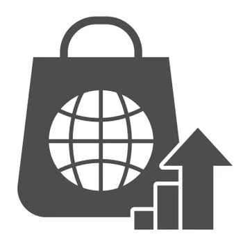 Package with globe and upward arrow solid icon. Consumer demand growth symbol Illustrazione stock