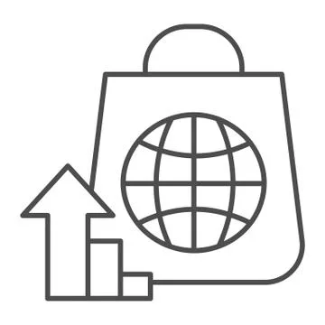 Package with globe and upward arrow thin line icon. Consumer demand growth Illustrazione stock