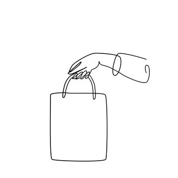 Package in hand. Simple illustration of purchases bag drawn with one line Stock Illustration