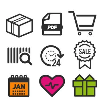 Package icon. PDF document symbol. 24 hour open icon. Shopping and sale signs Stock Illustration