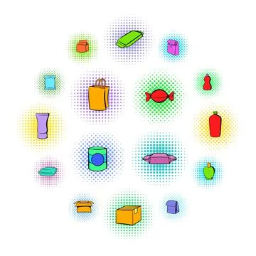 Package icons set, comics style Stock-Illustration