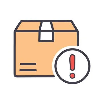 Package issue. Delivery problem with a package, showing an exclamation mark.. Stock Illustration