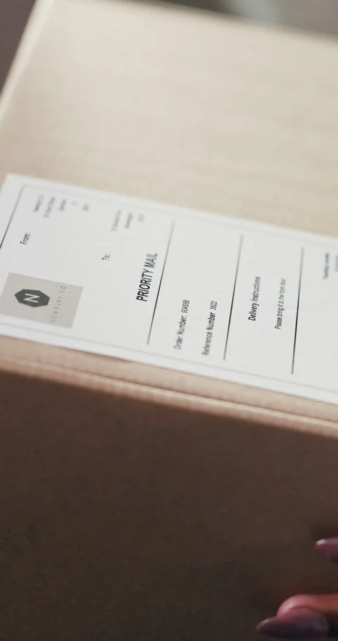 Package, label or hands with box for supply chain, priority shipping or mailing Stock Footage 332045896