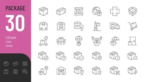 Package Line Editable and Solid Icons set. Ilustração Stock