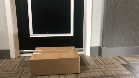 Package on matt outside door which opens and man picks up Stock Footage 132375840