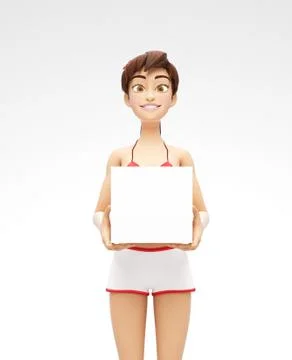 Package Mockup and Blank Gift Box - Smiling and Happy 3D Bikini Character Stock Illustration