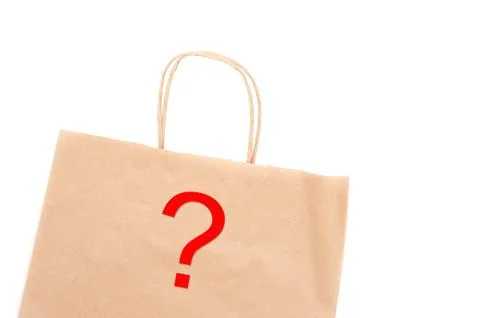 Package of paper on a white background. question mark on the package Stock Photos